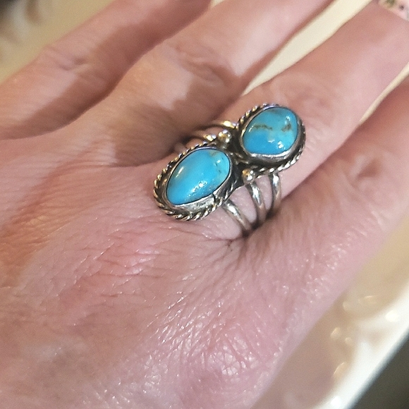 Sterling Silver and Blue Gem Turquise Sister Stones Zuni ~ Divine! - Picture 5 of 7